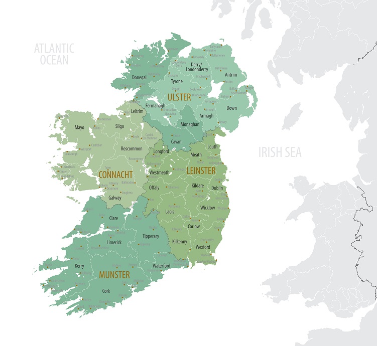 Detailed,Map,Of,Ireland,With,Administrative,Divisions,Into,Provinces,And