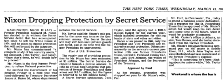 Nixon drops Secret Service NYT