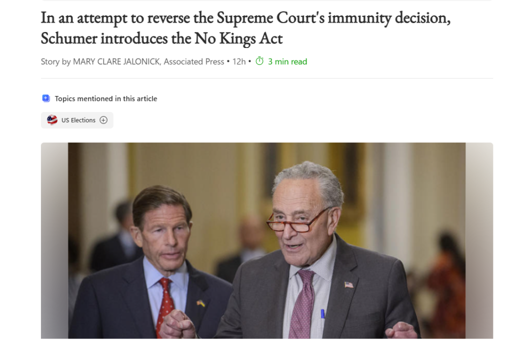 Schummer NO KINGS Act2024_08_01_18_51_22_In_an_attempt_to_reverse_the_Supreme_Court_s_immunity_decision_Schumer_introduc