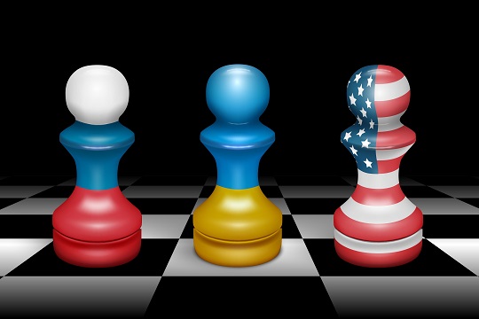 Three,Chess,Pieces,Pawns,With,Flags,Of,States,Russia,,Ukraine,